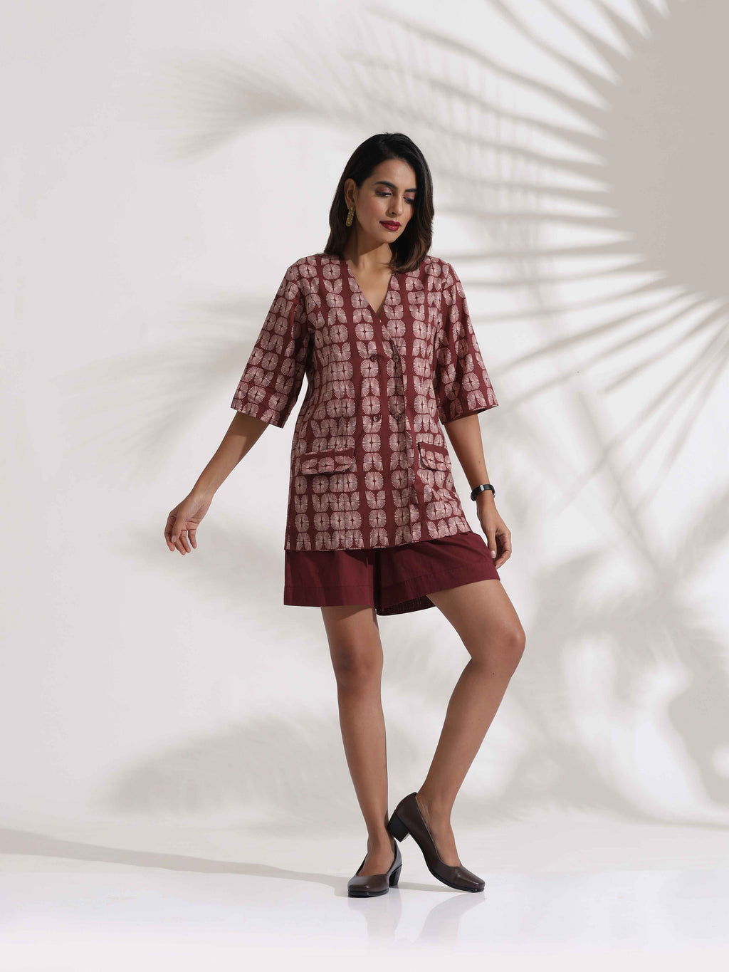 trueBrowns Brown Cotton Print Jacket Top & Short Co-ord Set