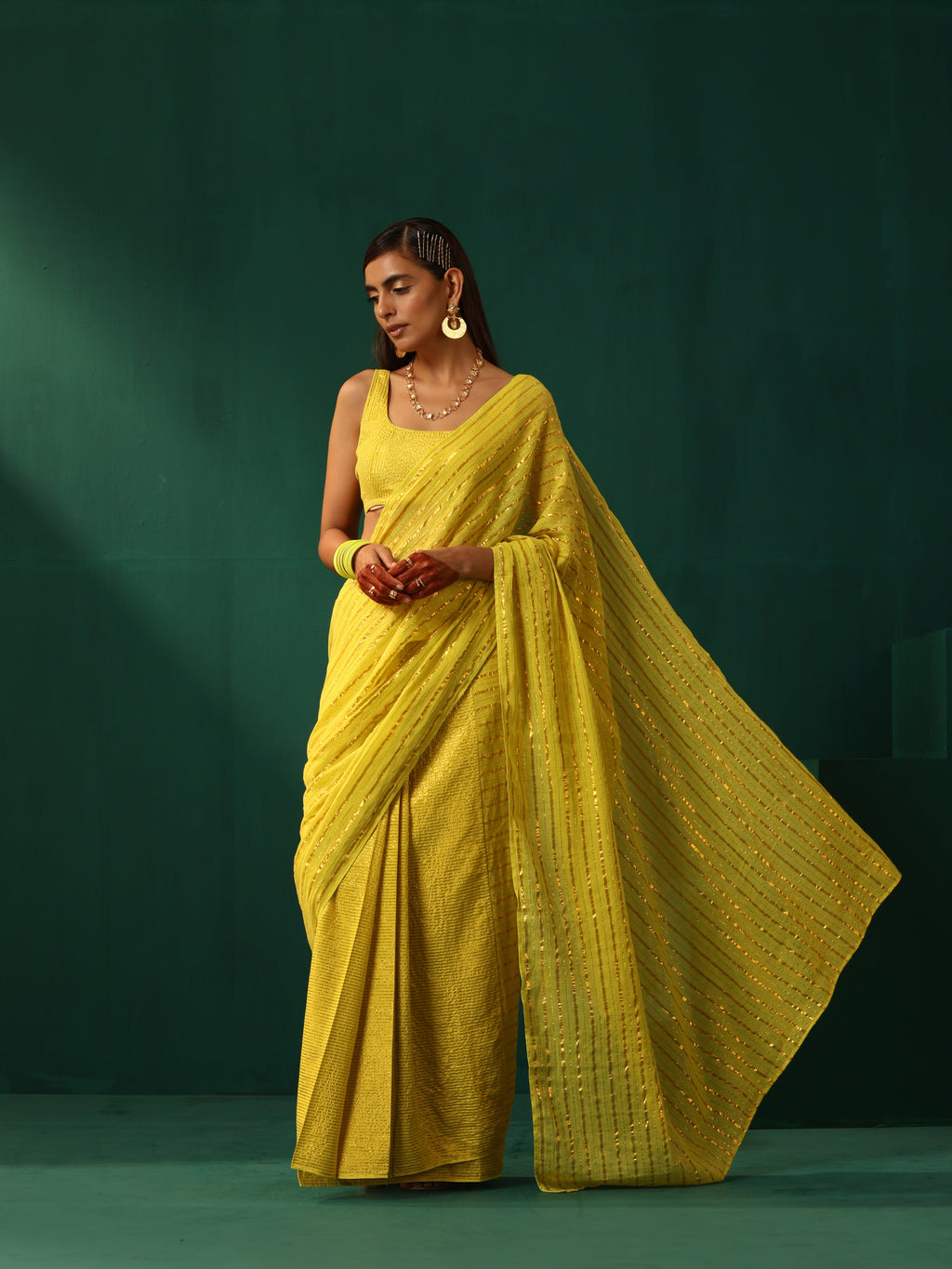 trueBrowns Lime Cotton Gold Lurex Striped Ready to Wear Saree