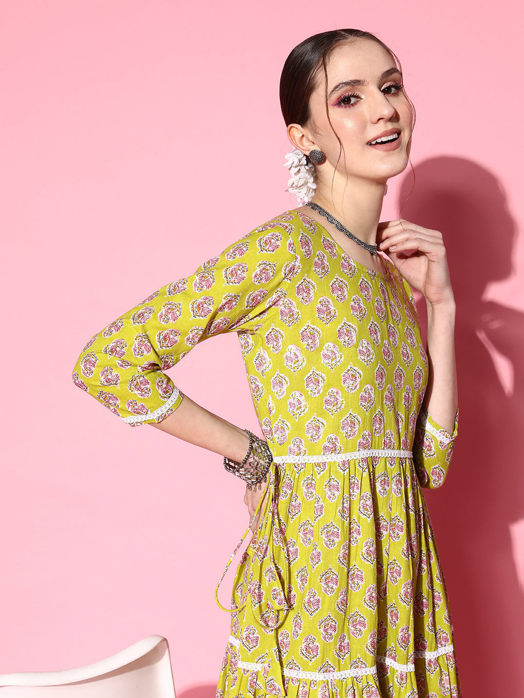 InWeave Women's Yellow Floral Print Tiered Dress With Lace