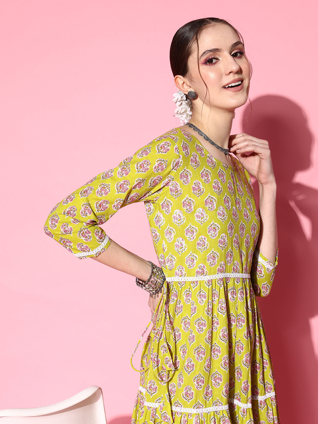 InWeave Women's Yellow Floral Print Tiered Dress With Lace