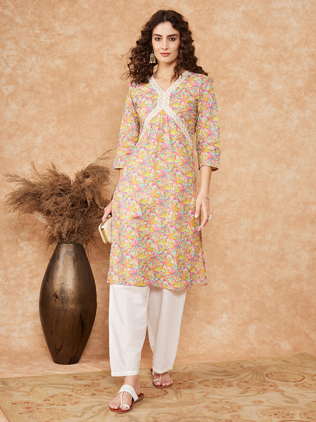 InWeave Women's Multi Floral Painted Alia Lace Work Straight Kurta