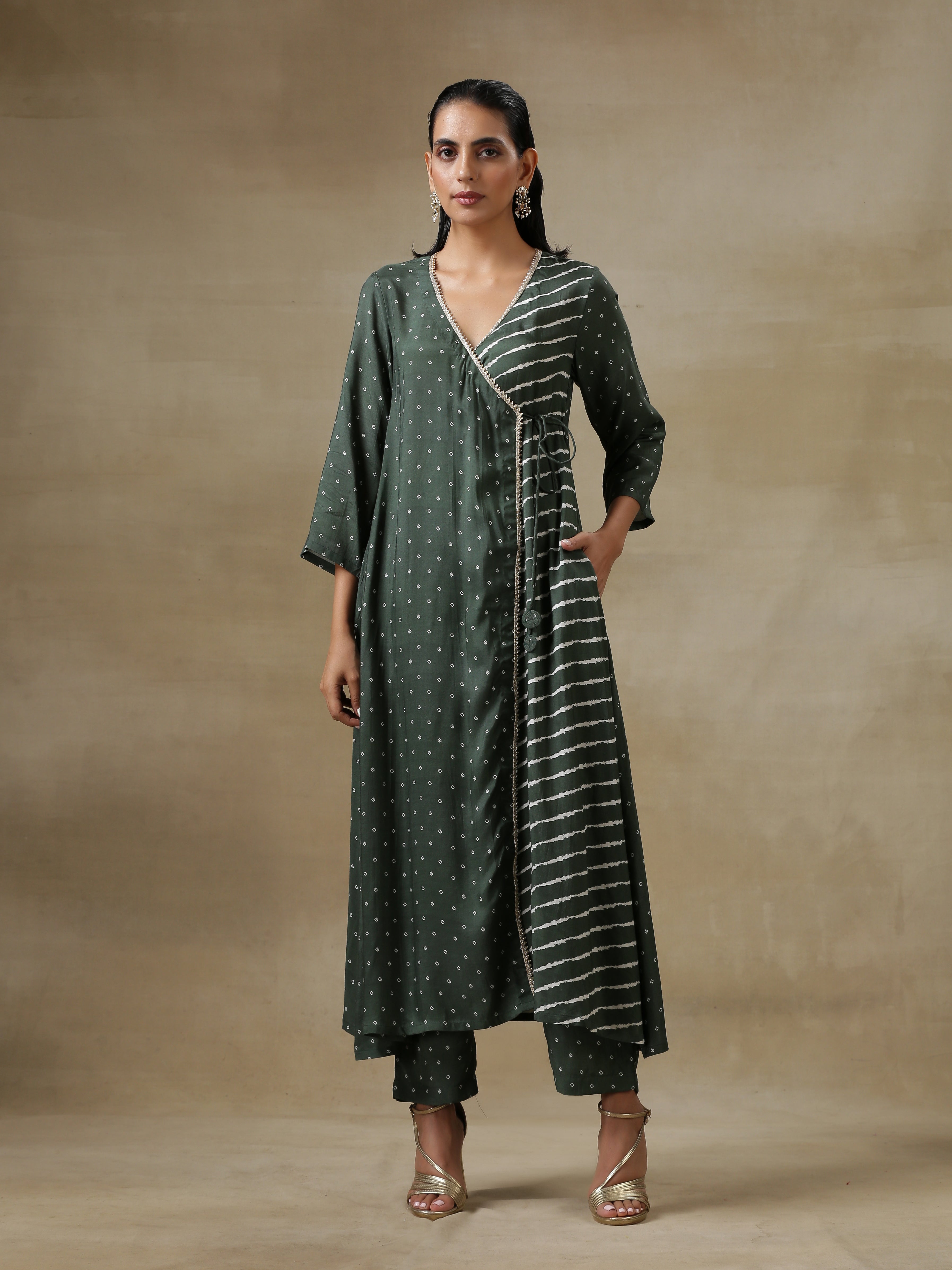 trueBrowns Dark Green Bandhani Printed Silk Angrakha Kurta Pant Set