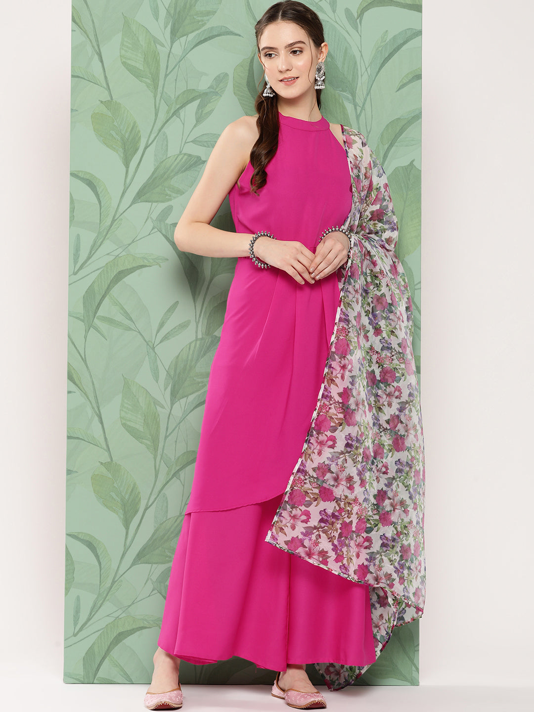 InWeave Women's Magenta Pleated Halter Kurta Palazzo Set W White Pink Or Dupatta