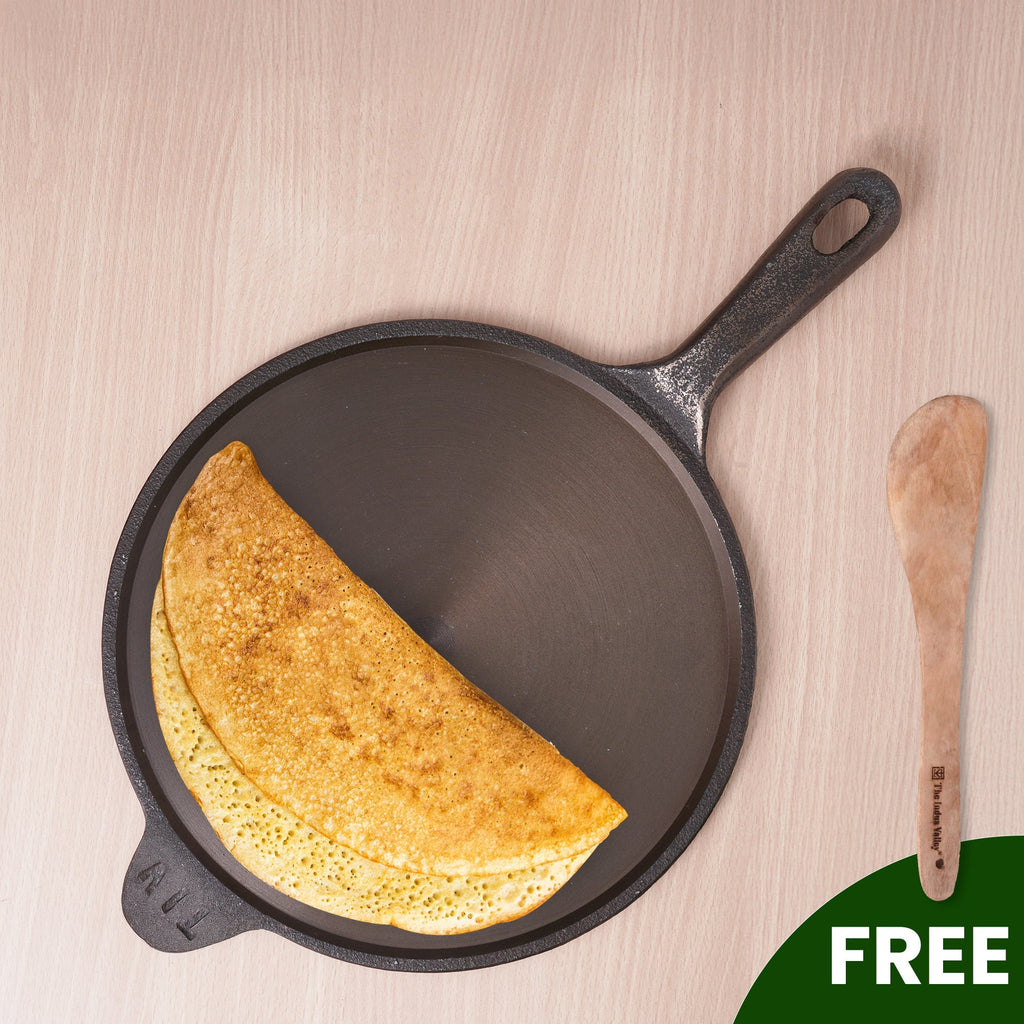 The Indus Valley Super Smooth Cast Iron Tawa, Long Handle,Pre-seasoned, Nonstick, 100% Pure, Toxin-free, Induction,Spatula, 25.4cm, 1.8kg