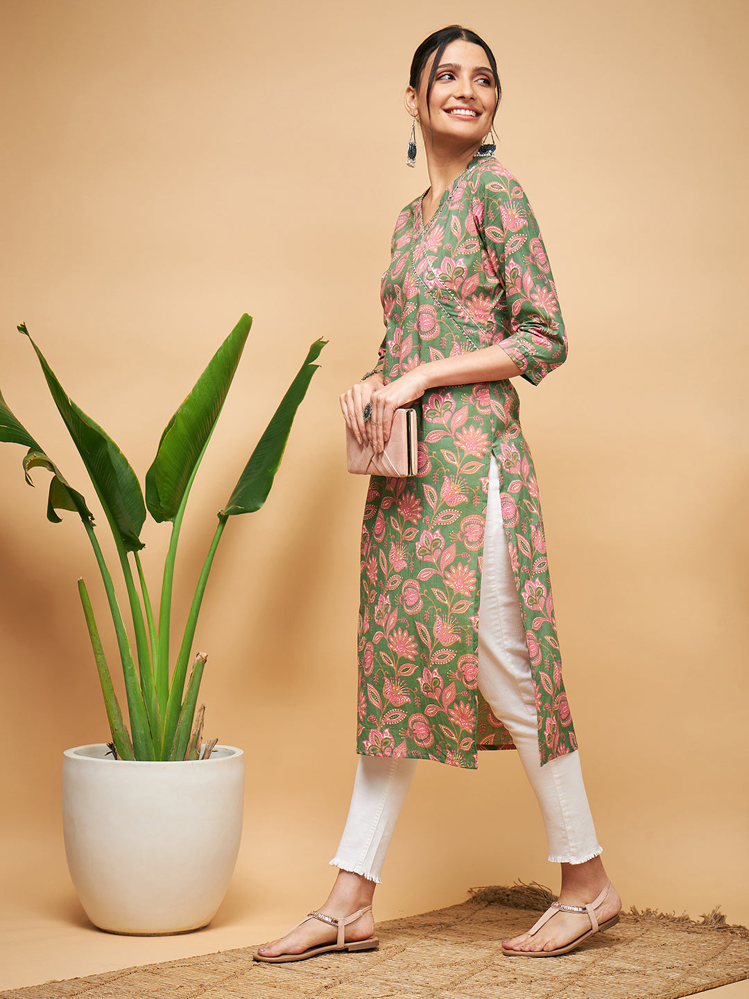 InWeave Women's Green Pink Floral Angrakha Straight Kurta