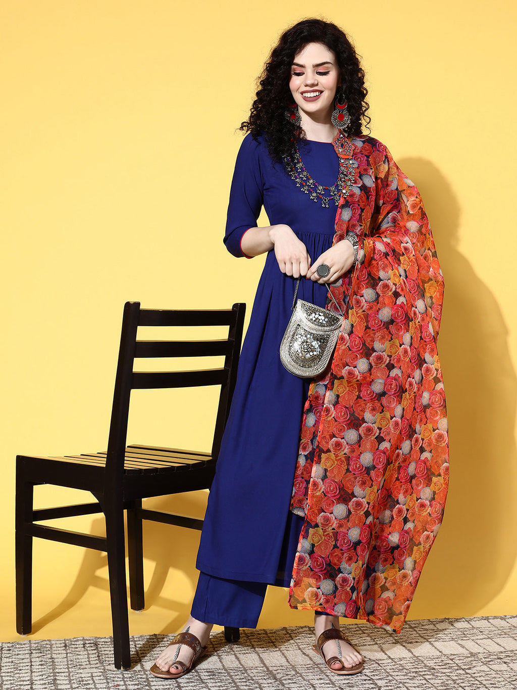 InWeave Women's Ink Blue Long Anarkali Kurta Set With Red Rose Organza Dupatta
