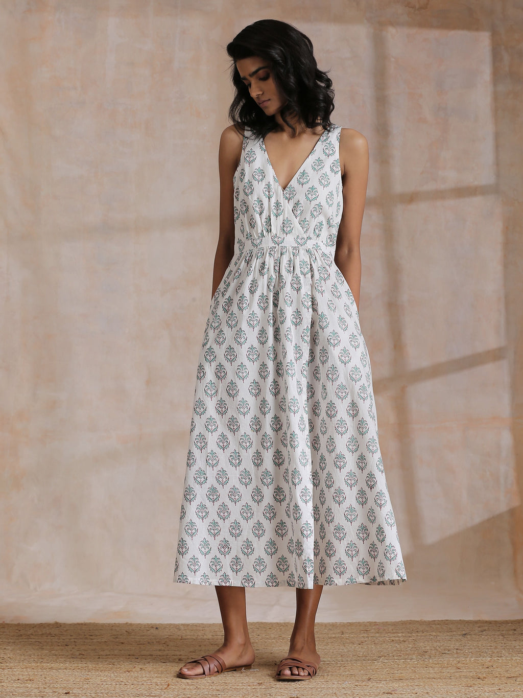 trueBrowns Green Buta On White Block Print Cotton Sleeveless Wrap Dress