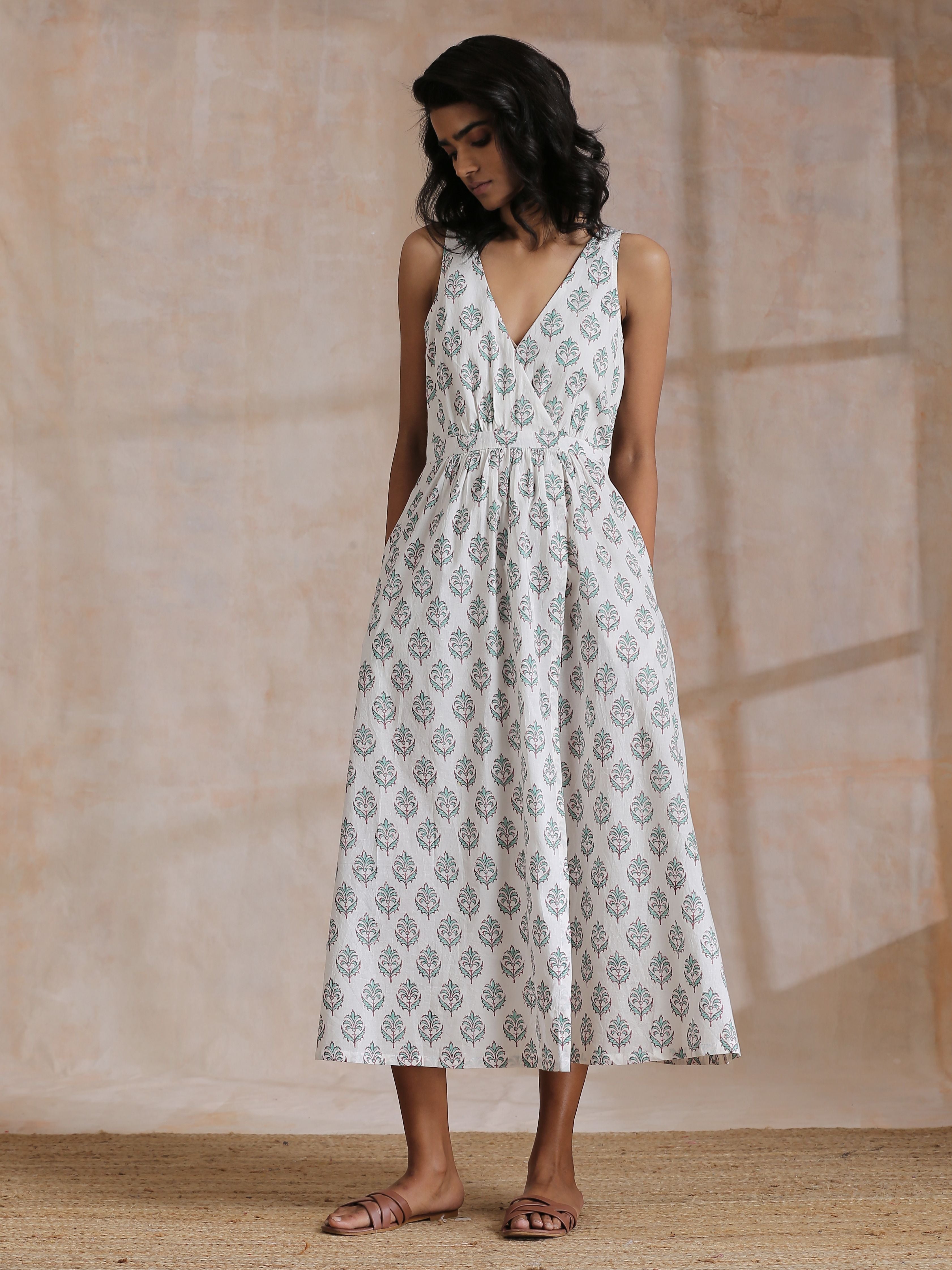 trueBrowns Green Buta On White Block Print Cotton Sleeveless Wrap Dress