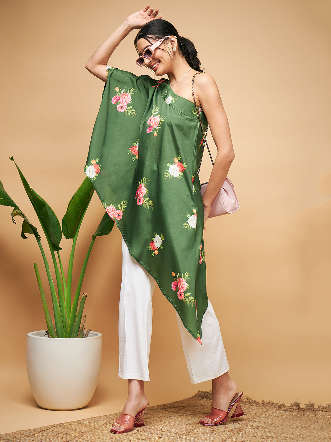 InWeave Women's Green Small Flower One Shoulder Kurta