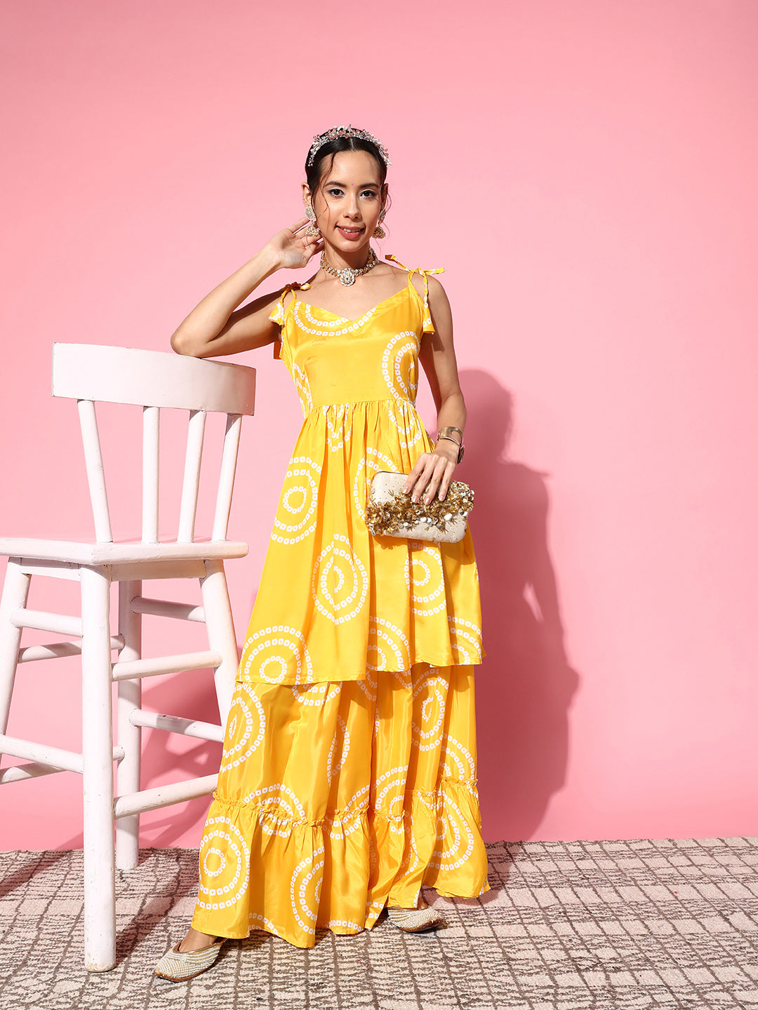 InWeave Women's Yellow Bandhani Motif Shoulder Tie Up Kurta Set