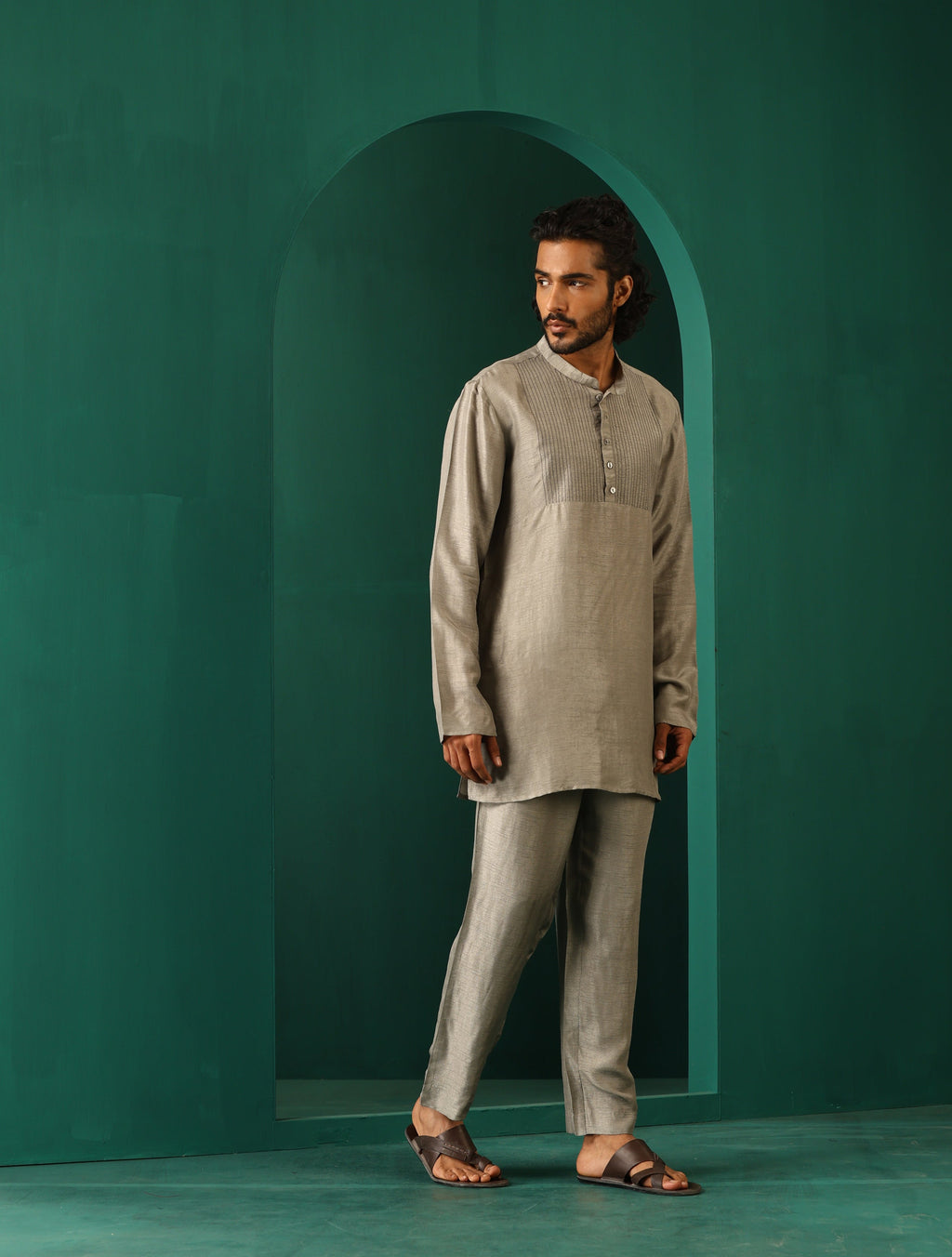 trueBrowns Men's Grey Silk Co-ord Set Yoke Detail