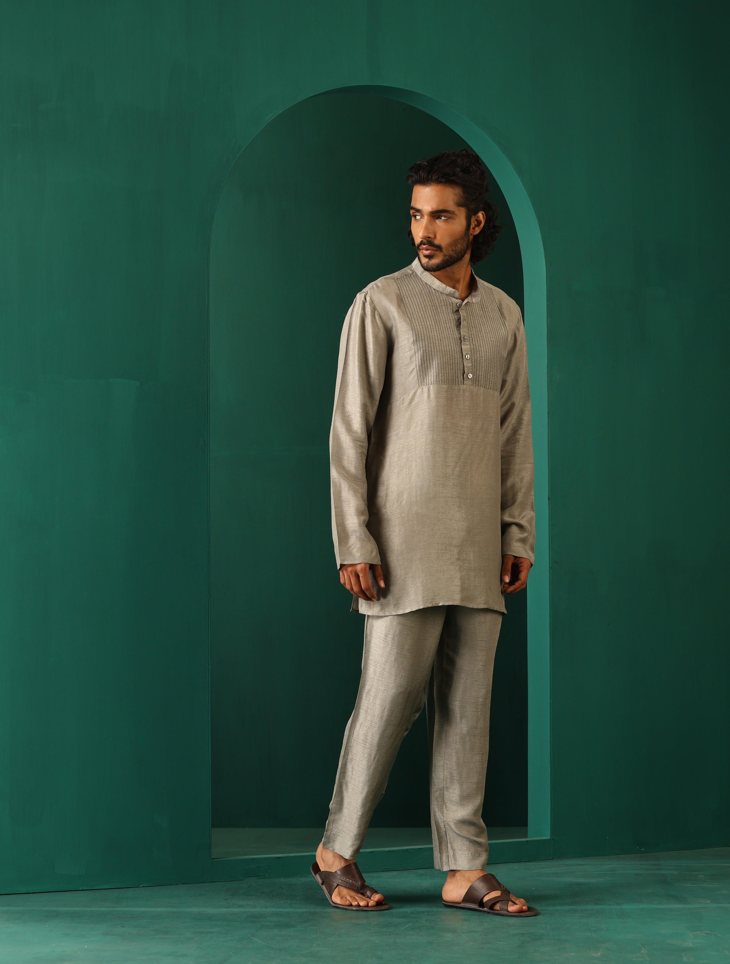 trueBrowns Men's Grey Silk Co-ord Set Yoke Detail