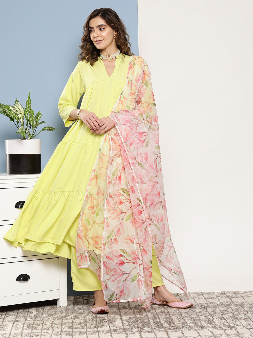 InWeave Women's Lime Green Tiered Anarkali Kurta Set