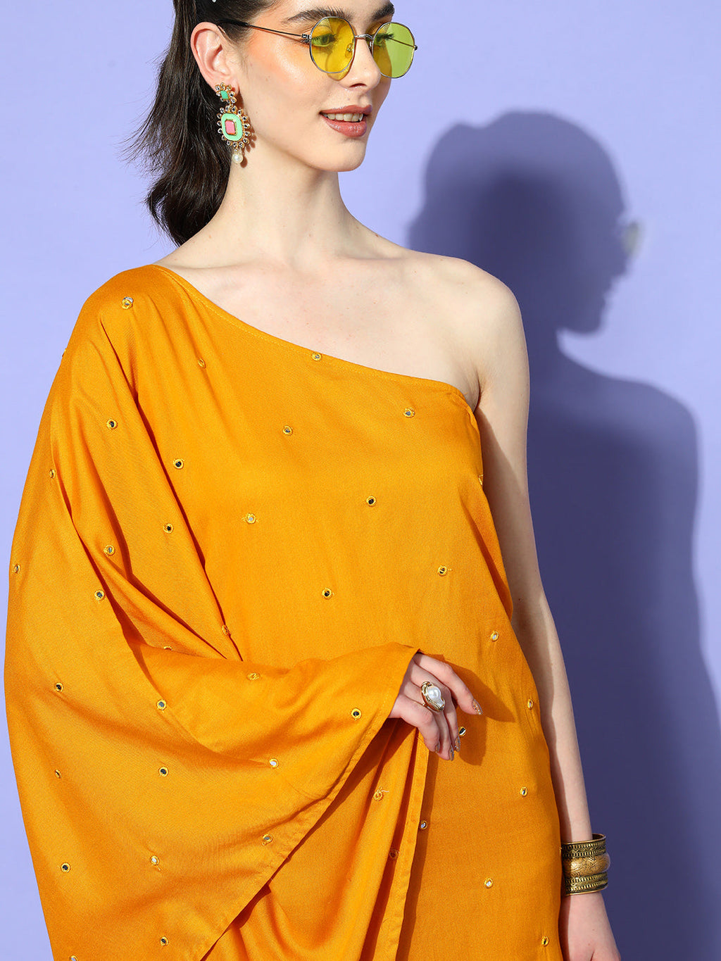 InWeave Women's Mustard Mirror Work One Shoulder Kurta Set