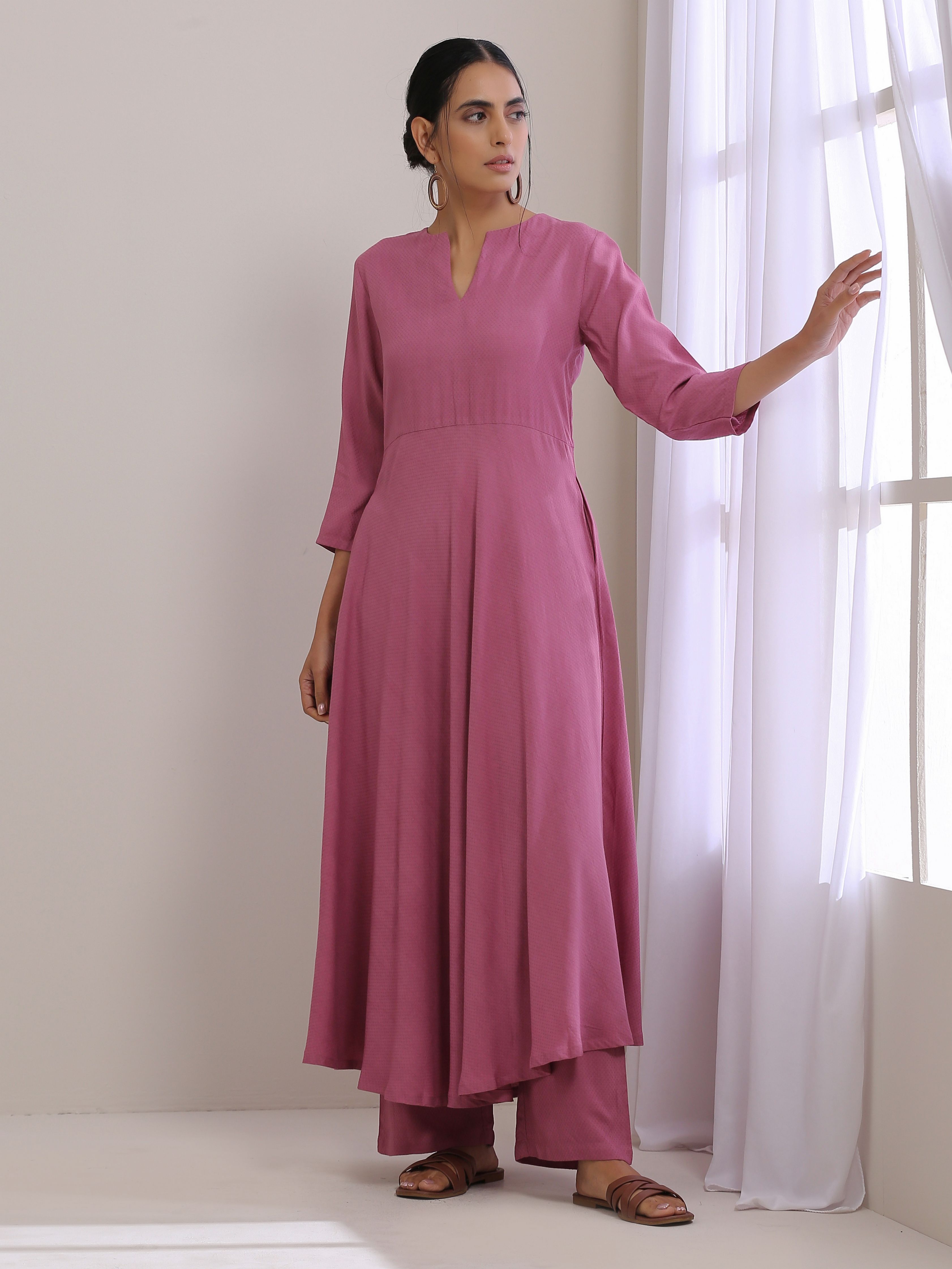 trueBrowns Onion Pink Dobby Anarkali Pant Set