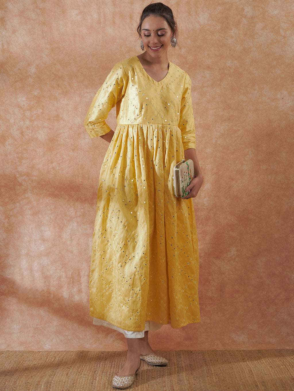 InWeave Women's Light Yellow Mirror Work Long Anarkali Kurta