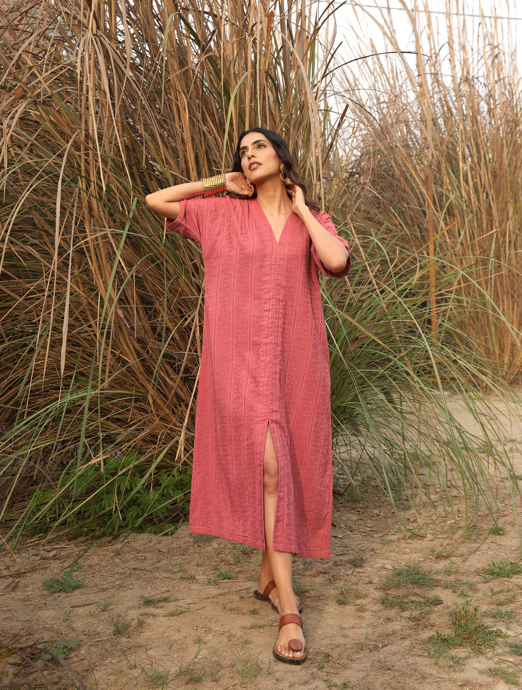 trueBrowns Coral Cotton Dobby Front Slit Dress