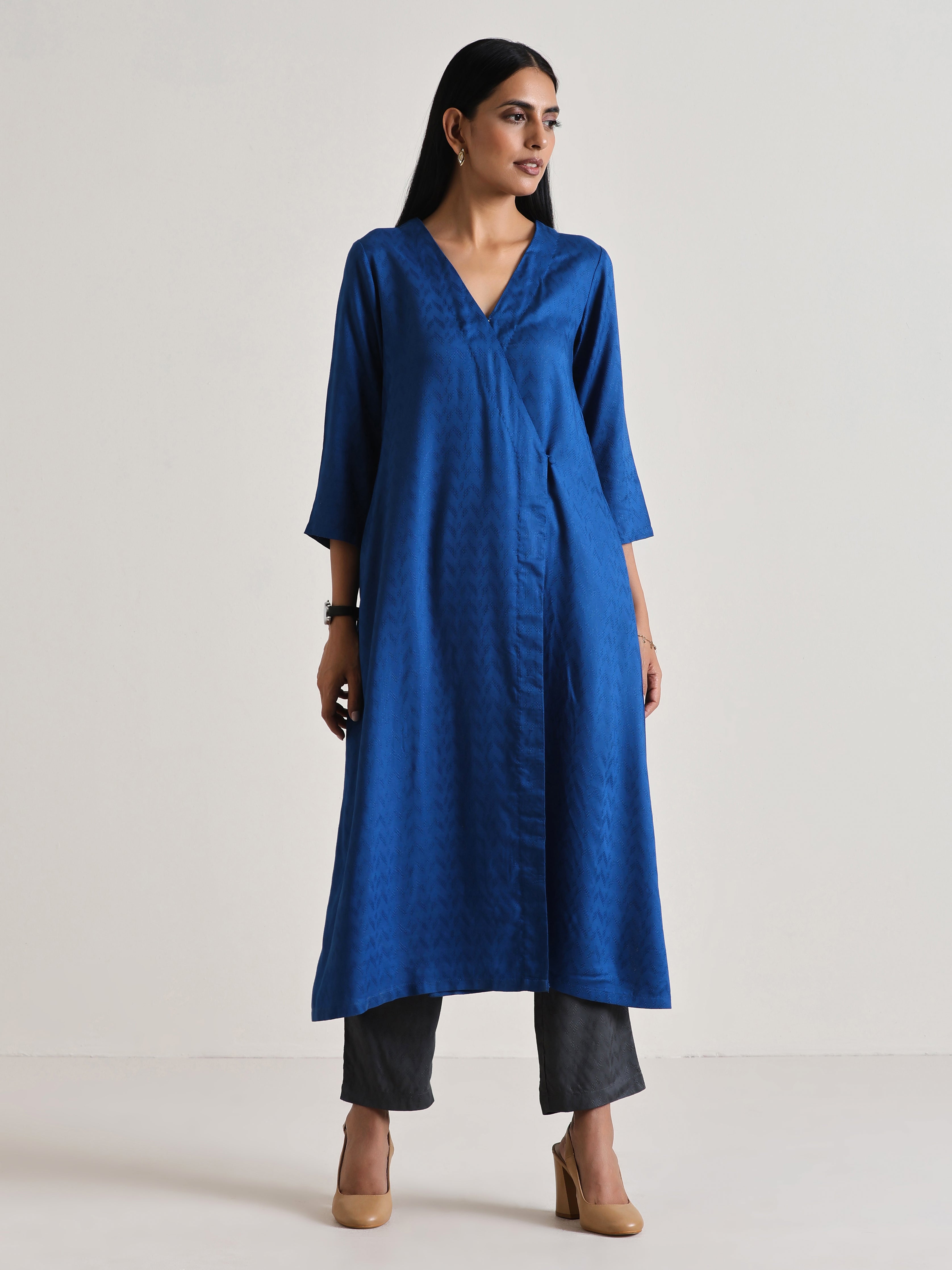 trueBrowns Ink Blue Angrakha Kurta Set