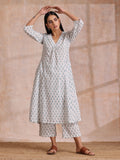trueBrowns White With Teal Buta Block Print Cotton Front Neck Gathered Kurta Pant Set