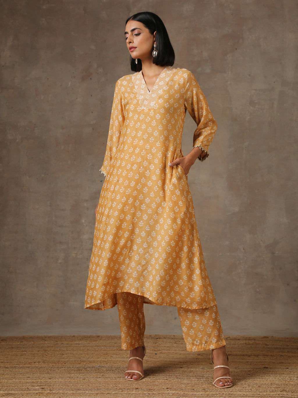 trueBrowns Beige White Flared Printed Silk Kurta Pant Set