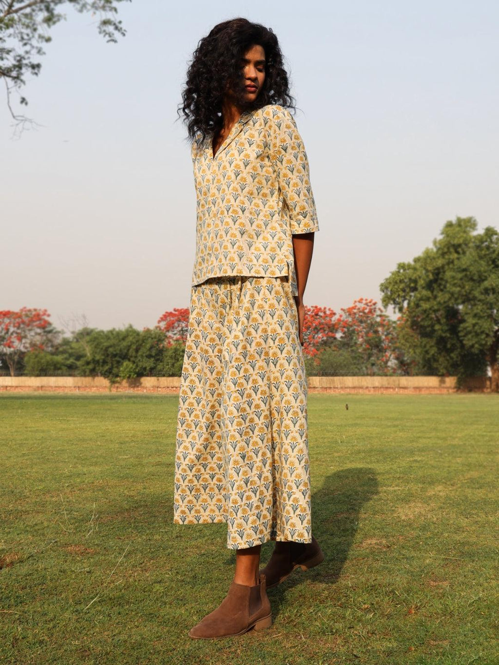 trueBrowns Light Sage Cotton Block Print Lapel Shirt Co-Ord Set