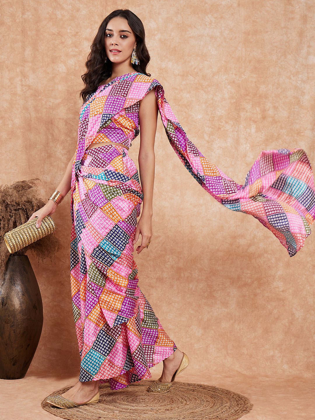 InWeave Women's Pink Square Multi Badhani Palazzo Saree