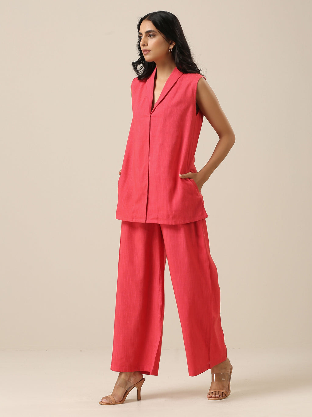 trueBrowns Bright Pink Slub Texture Sleevesless Jacket Pant Set