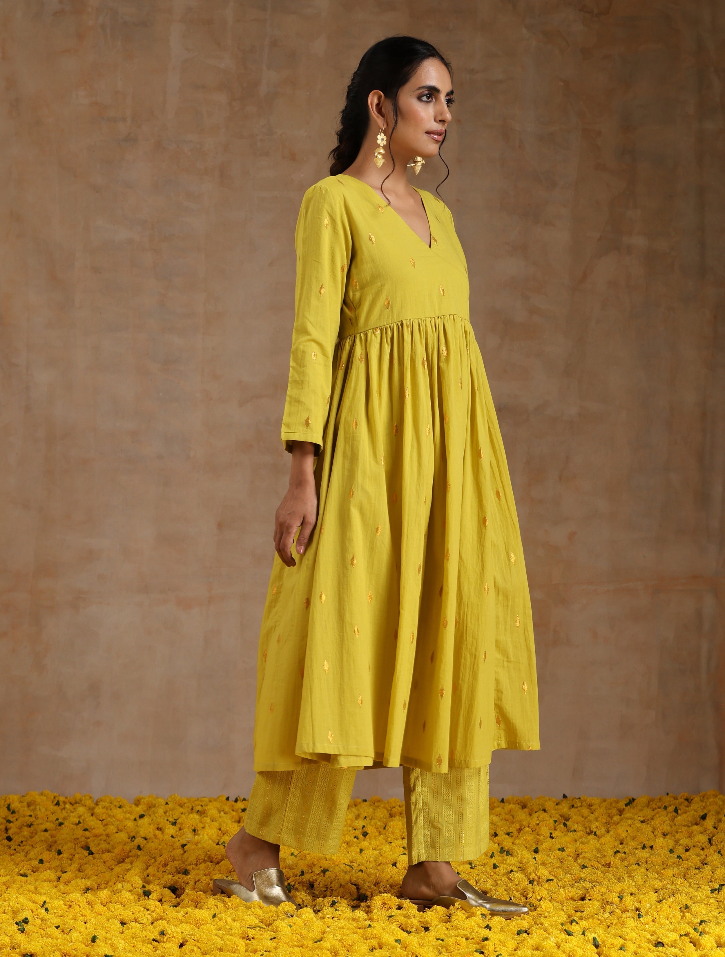 trueBrowns Lime Gold Cotton Kalidar Kurta Set