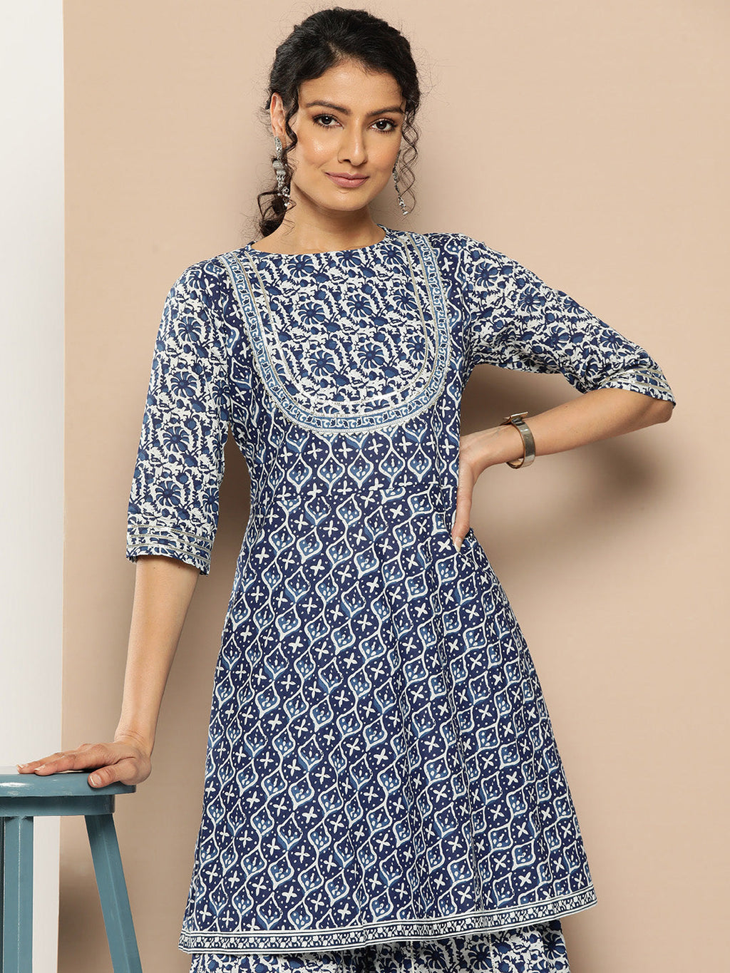 KSUT (House of Varanga) Indigo And White Floral Printed Flared Kurta Sharara Set