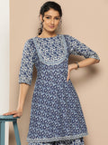 KSUT (House of Varanga) Indigo And White Floral Printed Flared Kurta Sharara Set