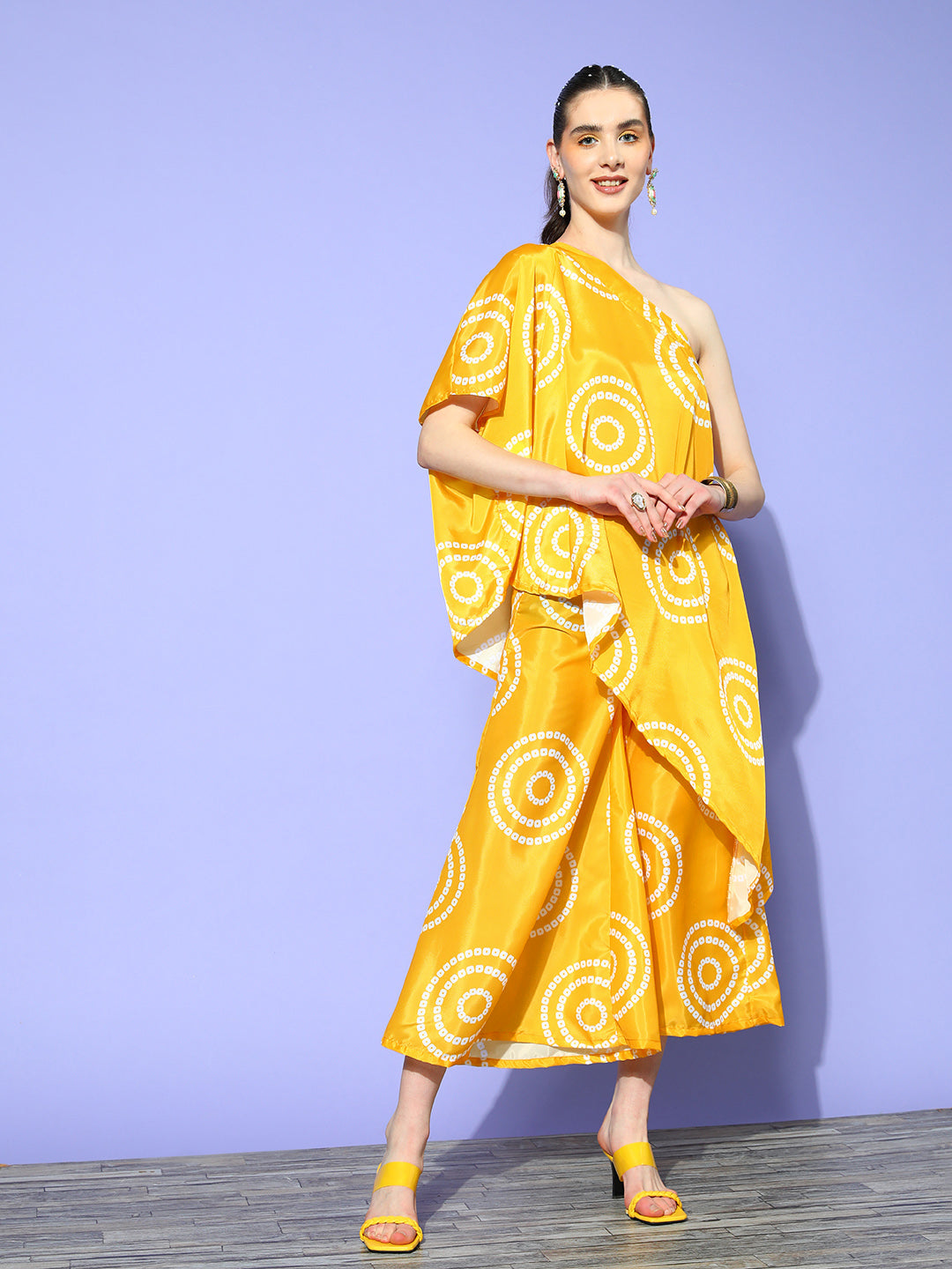 InWeave Women's Yellow Bandhani Motif One Shoulder Palazzo Set