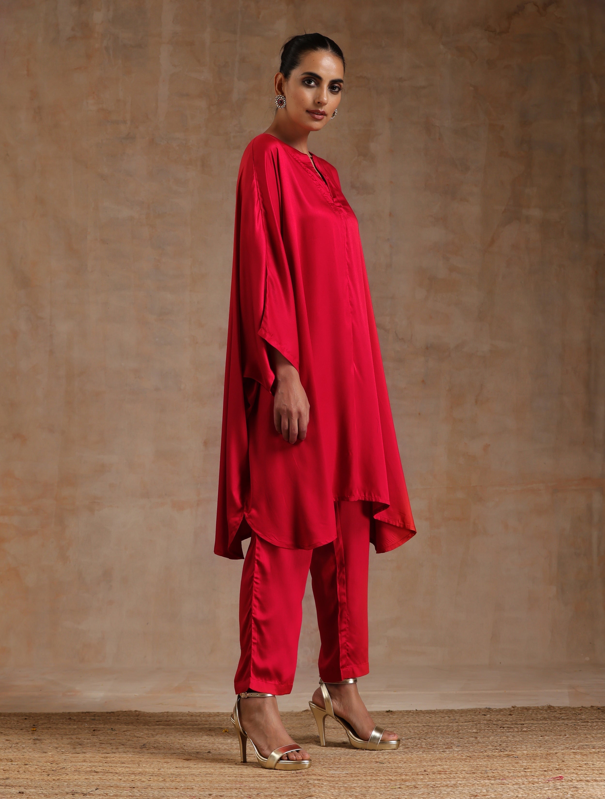 trueBrowns Red Modal Satin Oversized Round Co-Ord Set