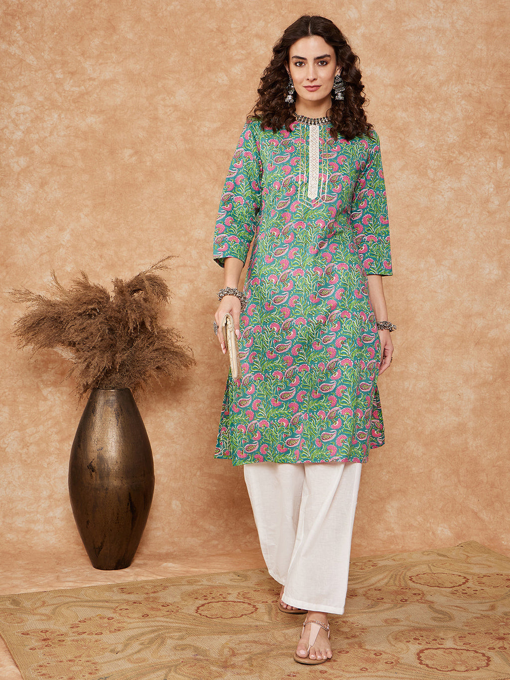 InWeave Women's Sea Green Pink Lace Gota Work Straight Kurta