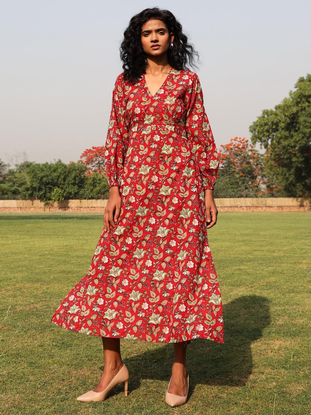 trueBrowns Red Cotton Block Print Backless Dress