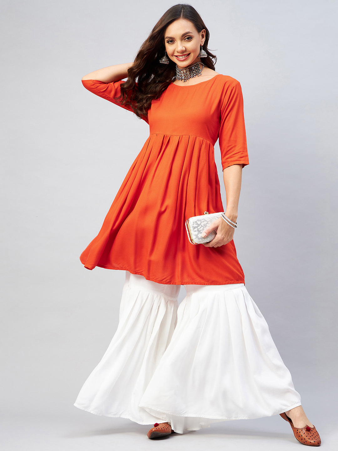 InWeave Women's Orange Short Anarkali Kurta