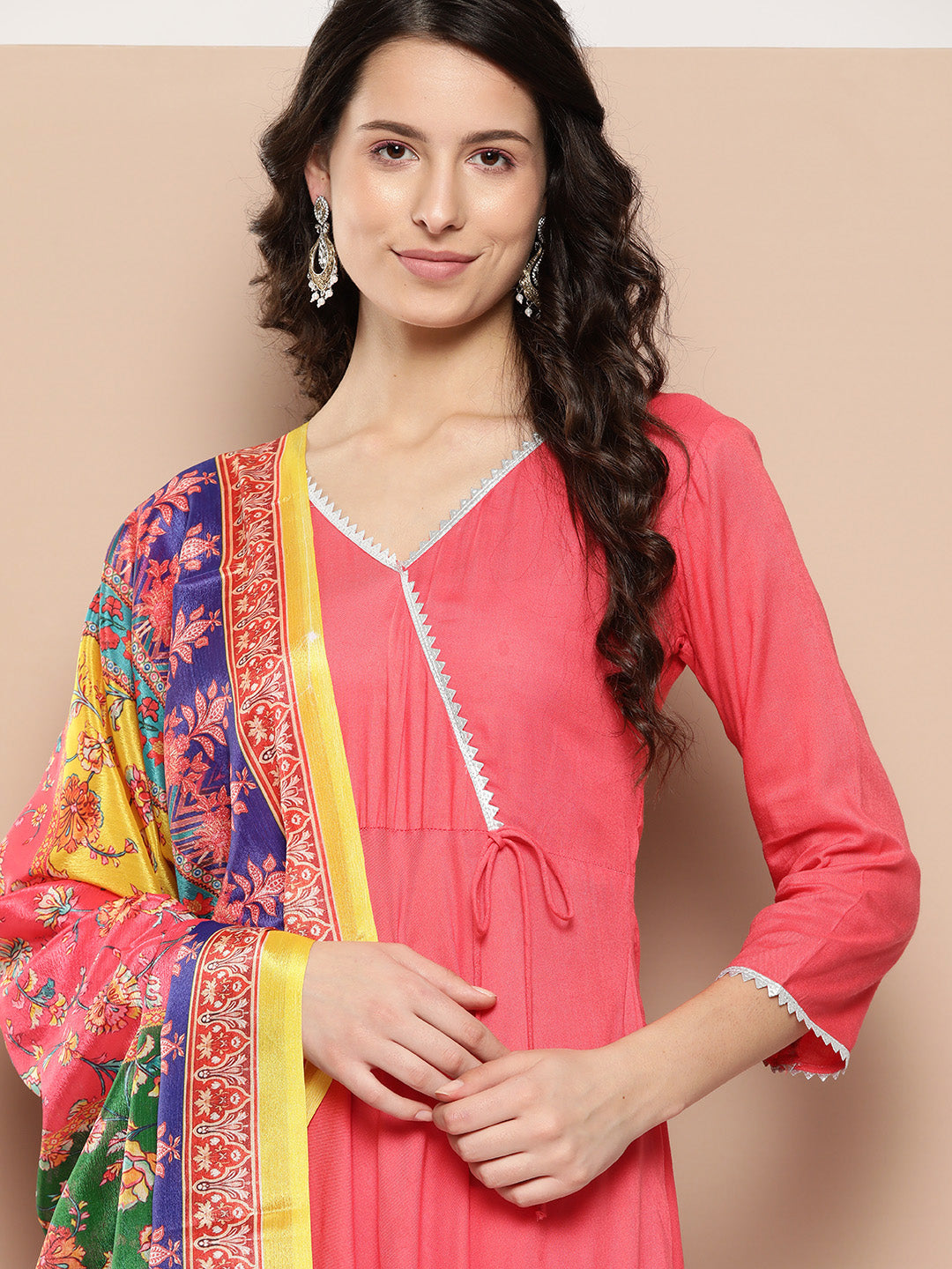 InWeave Women's Camelia Gota Angrakha Kurta Set W Yellow Orange Dupatta