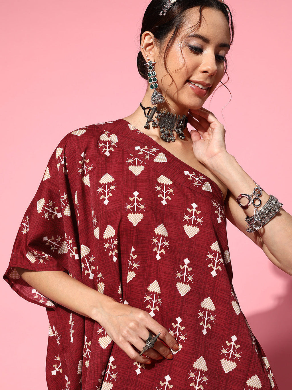 InWeave Women's Maroon Boota One Shoulder Top With Palazzo Set