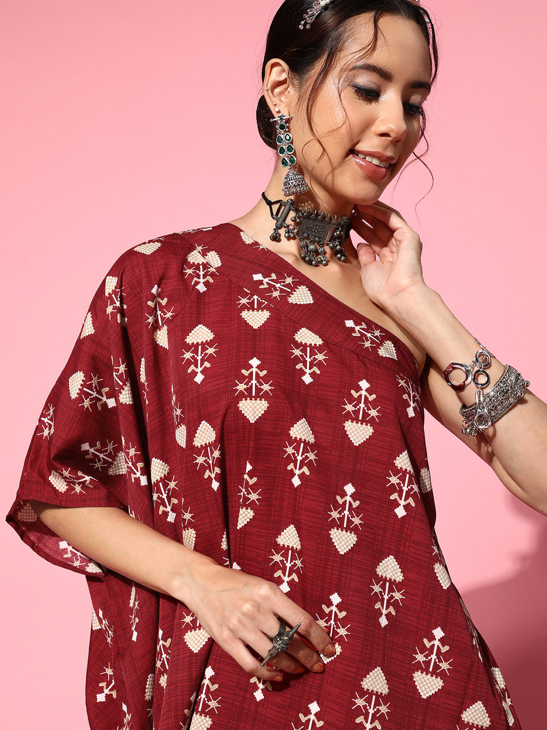InWeave Women's Maroon Boota One Shoulder Top With Palazzo Set