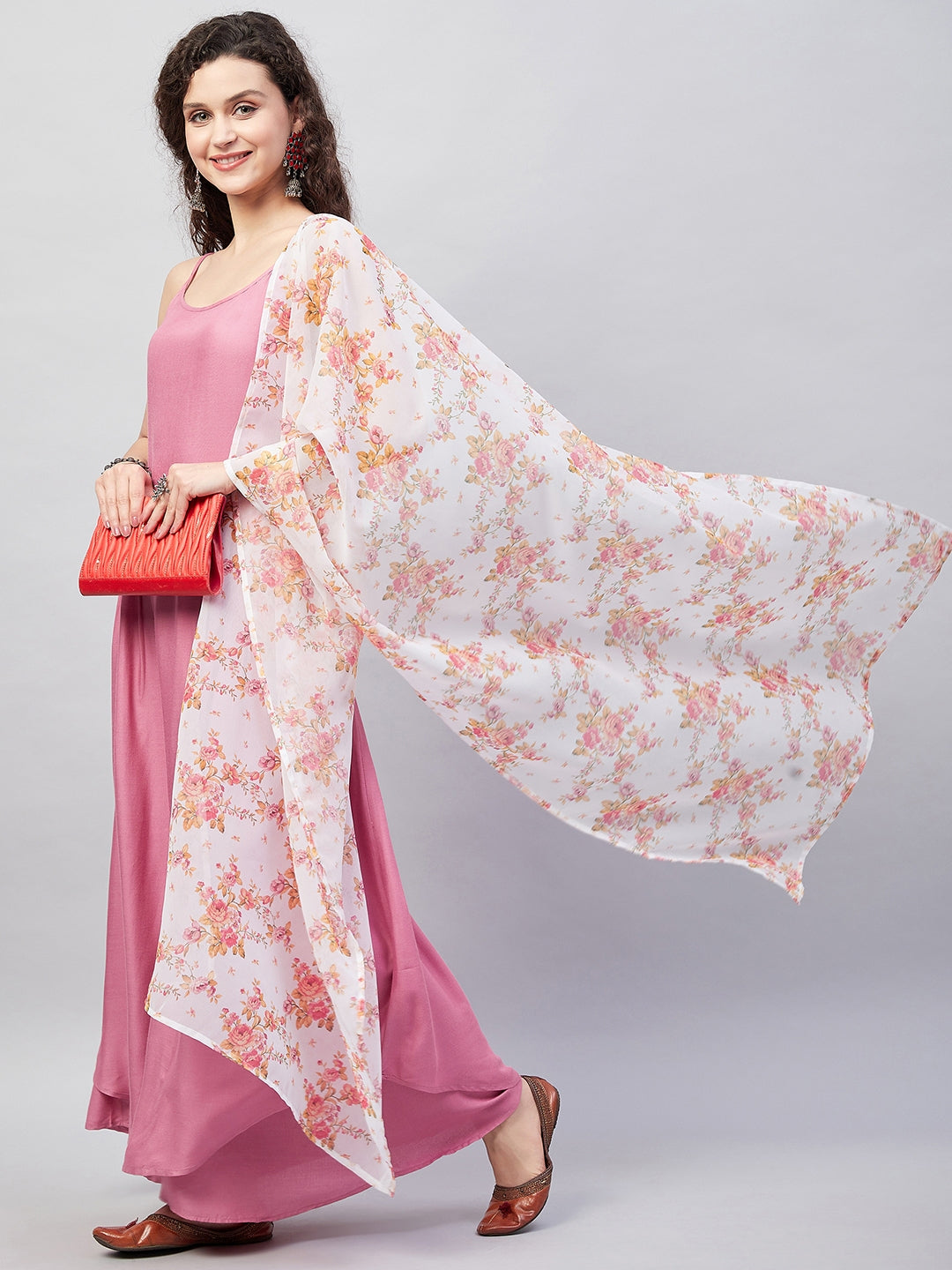 InWeave Women's Light Pink Strappy Set W Cream Orange Print Ge Dupatta
