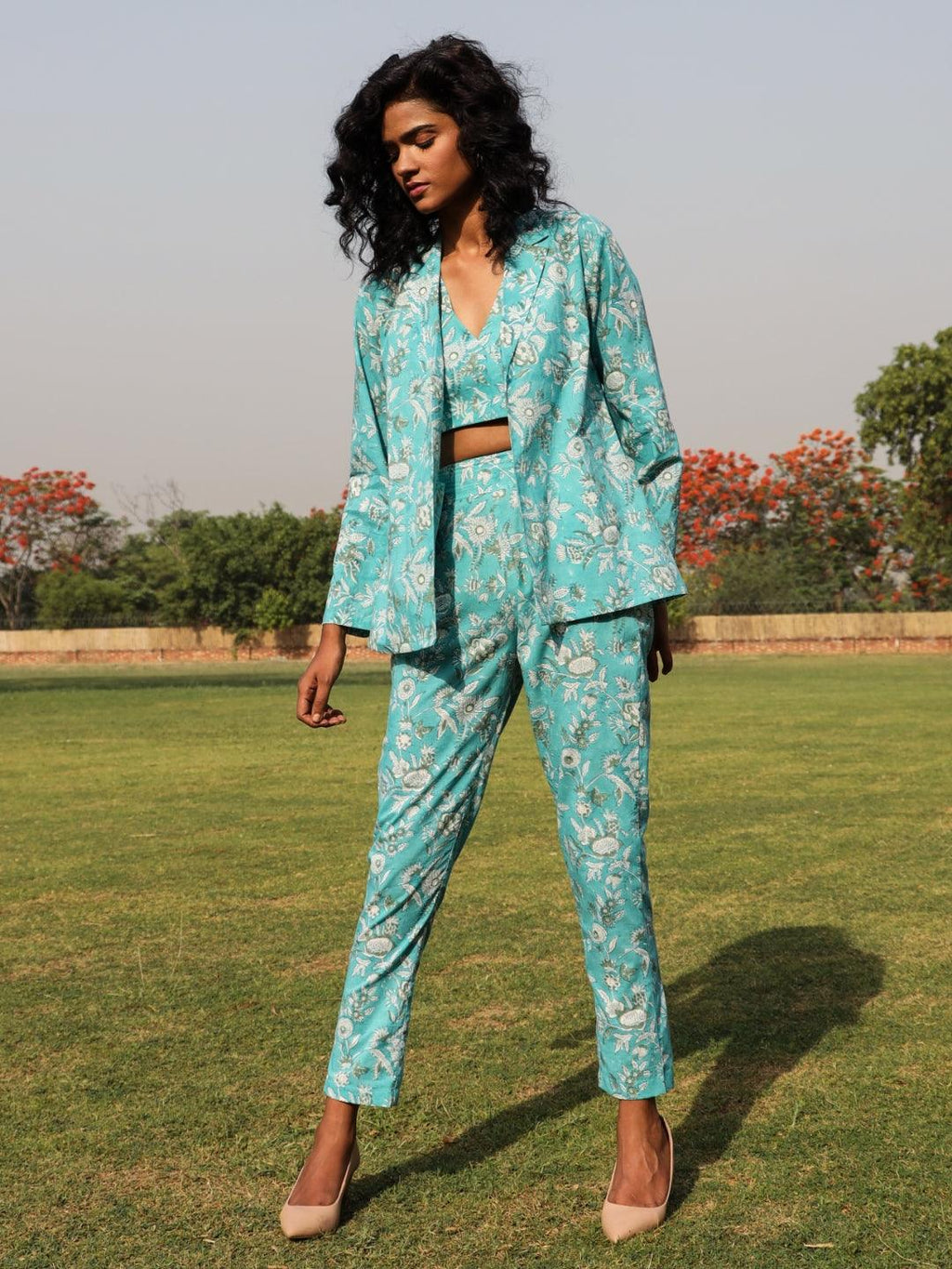 trueBrowns Turquoise Cotton Block Print Pant Suit Set