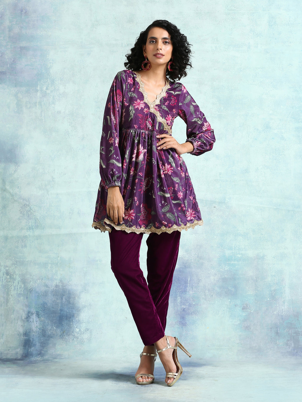 trueBrowns Wine Printed Velvet Lace Co-Ord Set