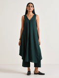 trueBrowns Dark Green Sleeveless Flared Kurta Pant Set