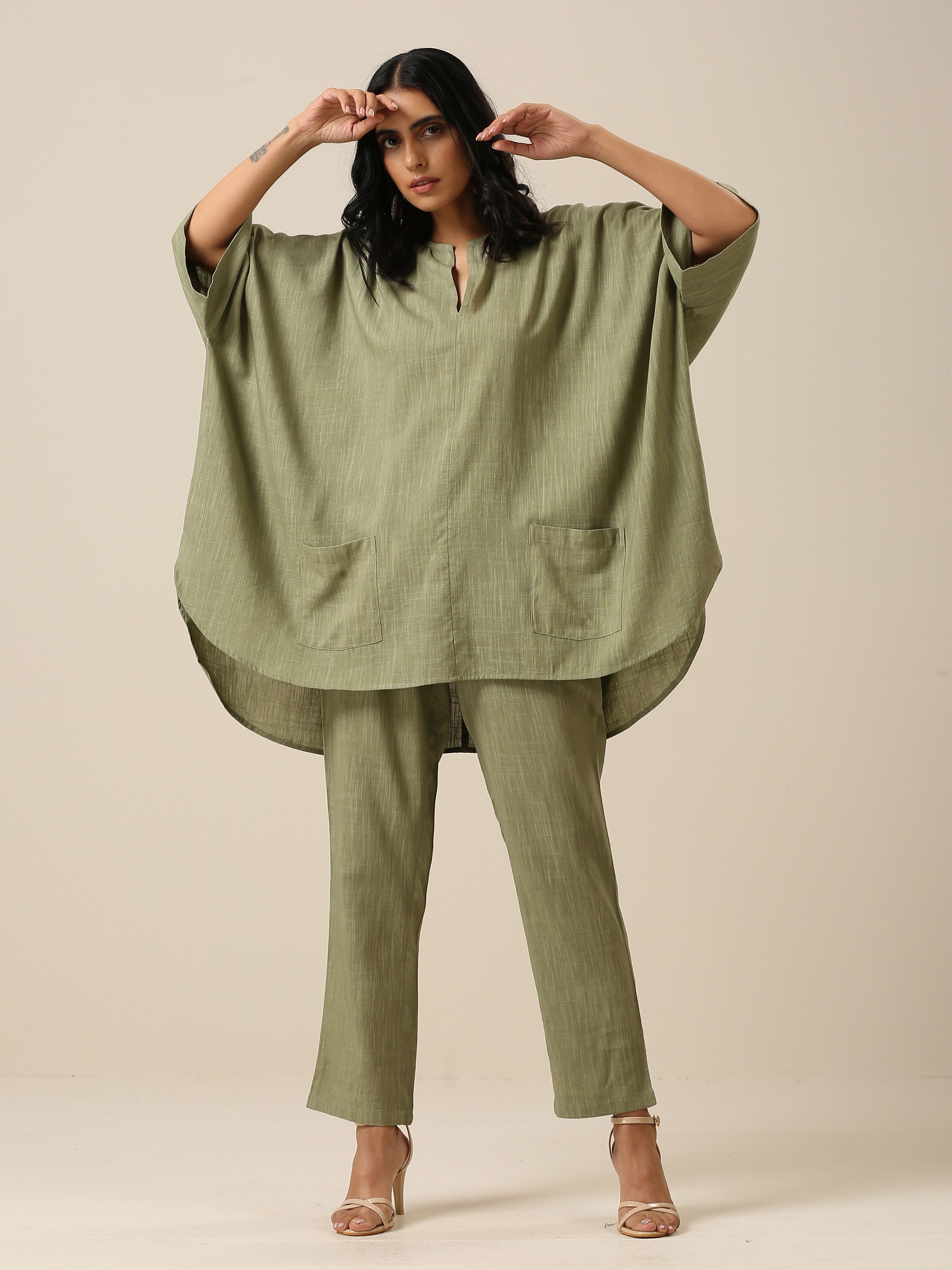 trueBrowns Sage Slub Texture Boxy Fit High Low Co-Ord Set