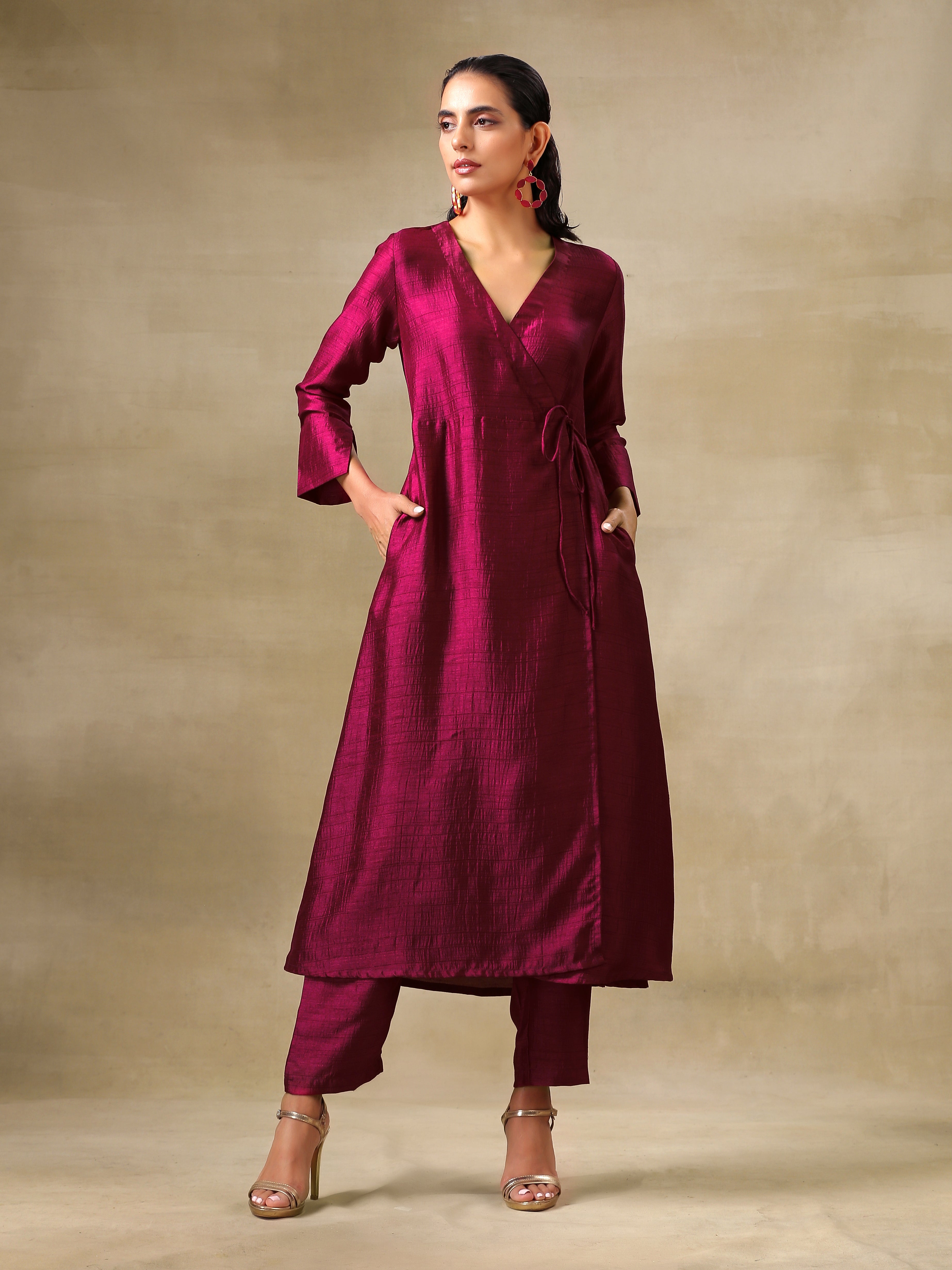 trueBrowns Purple Textured Silk Angrakha Kurta Pant Set
