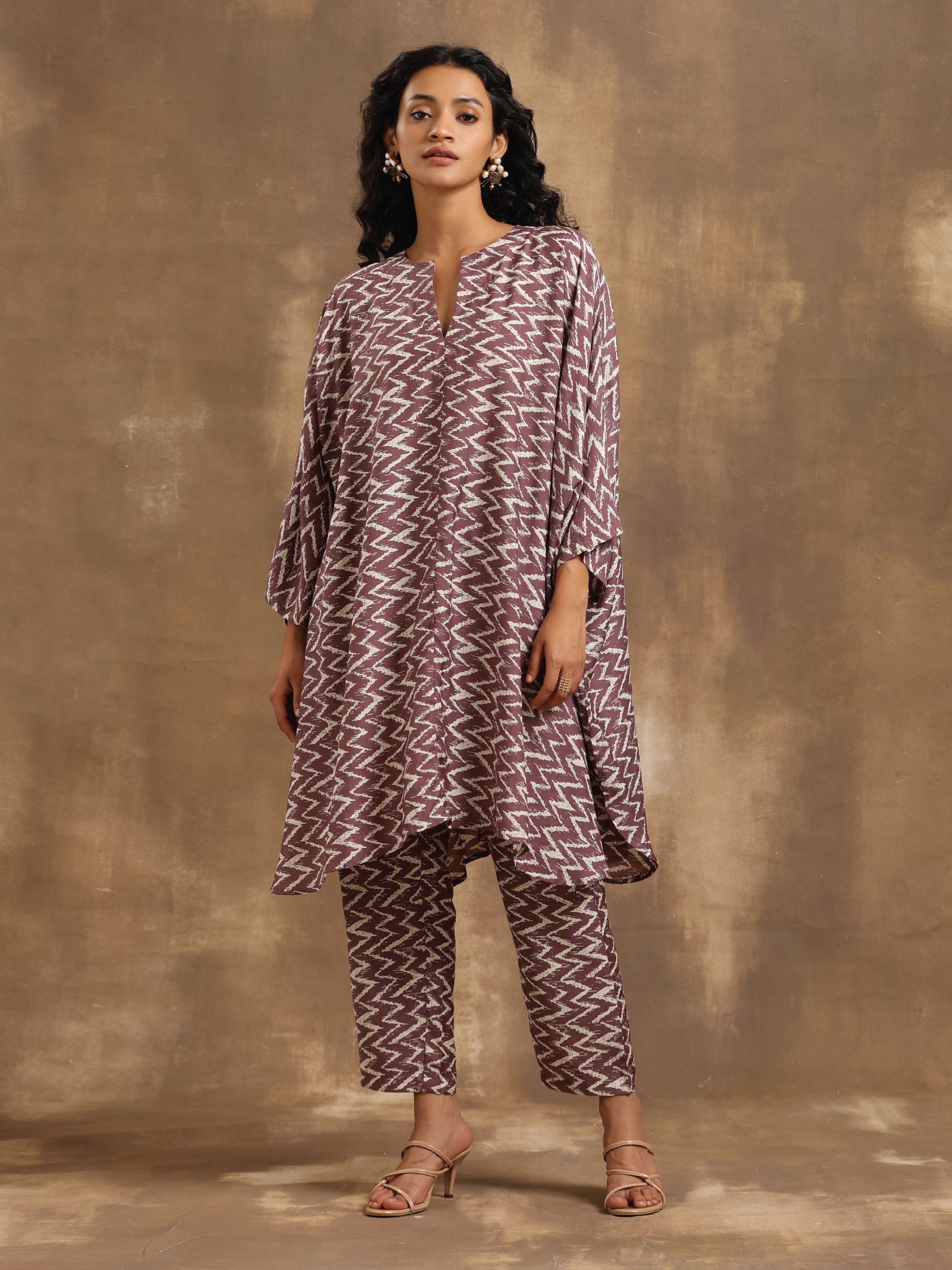trueBrowns Dark Mauve Zig Zag Printed Silk Kaftan Co-Ord Set