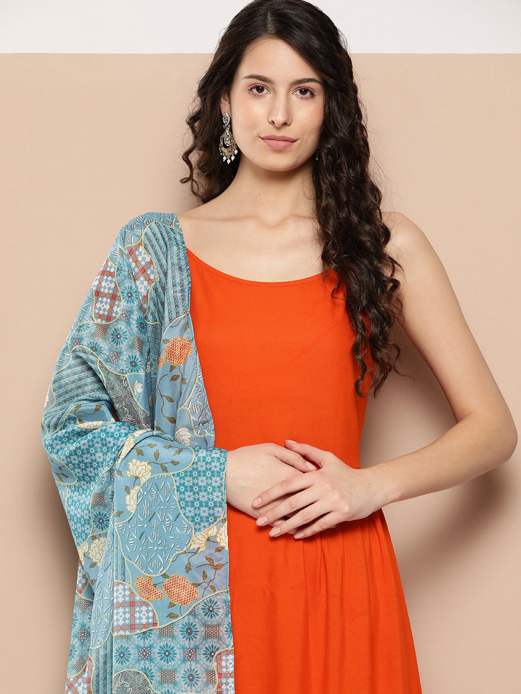 InWeave Women's Orange Strappy Set With Blue Chinnon Print Silk Dupatta