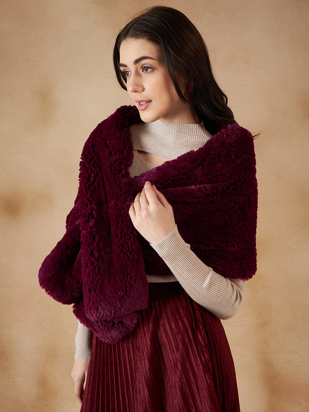 InWeave Women's Burgundy Long Faux Fur Cape
