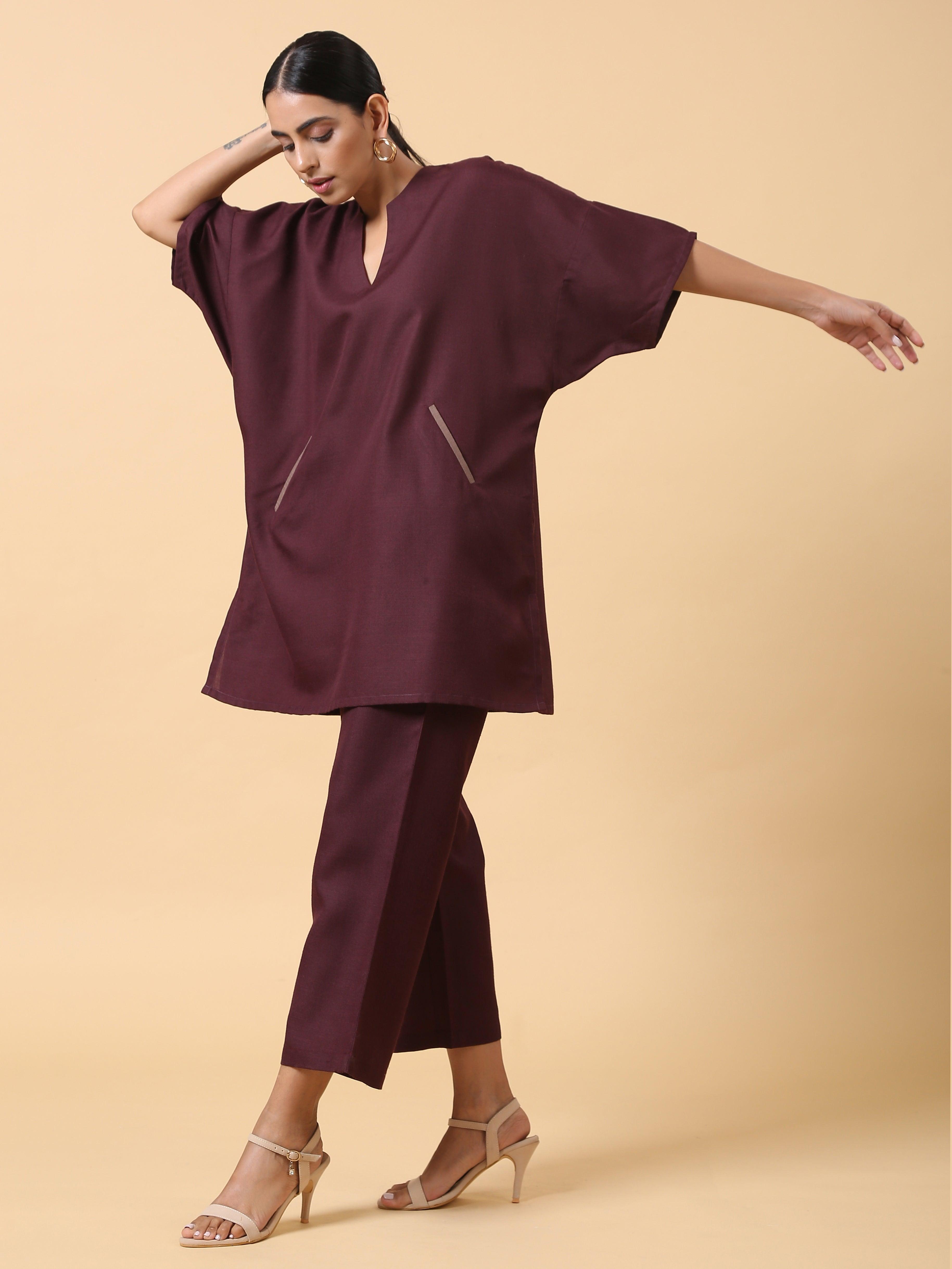 trueBrowns Cotton Linen Purple Boxy Fit Co-Ord Set