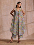 trueBrowns Grey Overall Floral Block Print Cotton Sleeveless Flared Kurta Pant Set
