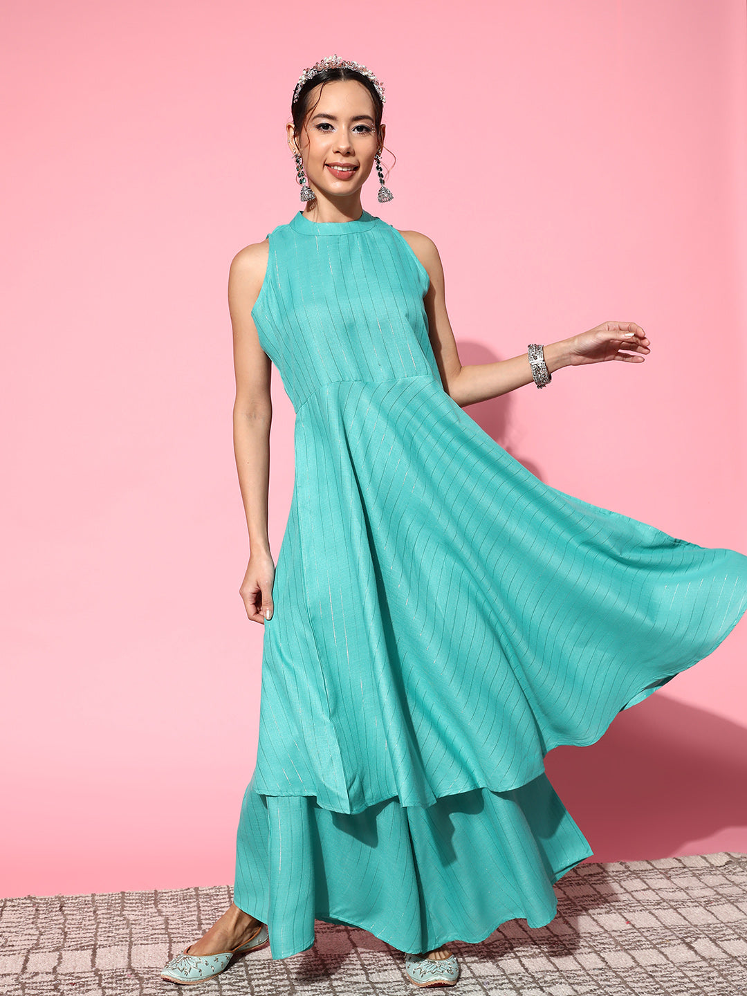 InWeave Women's Teal Lurex Boho Sleevless Kurta Set